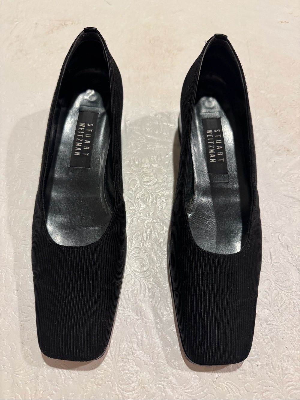 Stuart Weitzman Black Ribbed Square-Toe Pumps - Classic Heels
